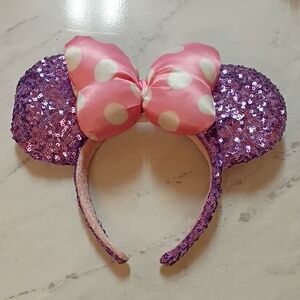 Purple Sequin Minnie Mouse Ears with Pink Polka Dot Bow